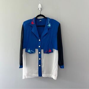 Vintage Nautical Colorblock Blouse Sheer USA Long Sleeve Button Front